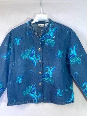 Chico's Women's Denim Jacket Embroidered Beaded Sequins Size M 8/10 Chicos Sz 1